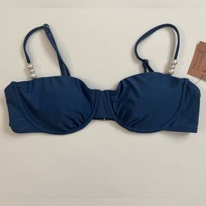 Shade & Shore Bikini Top with Pearl Accents NWT Size Large Deep Blue Swimsuit